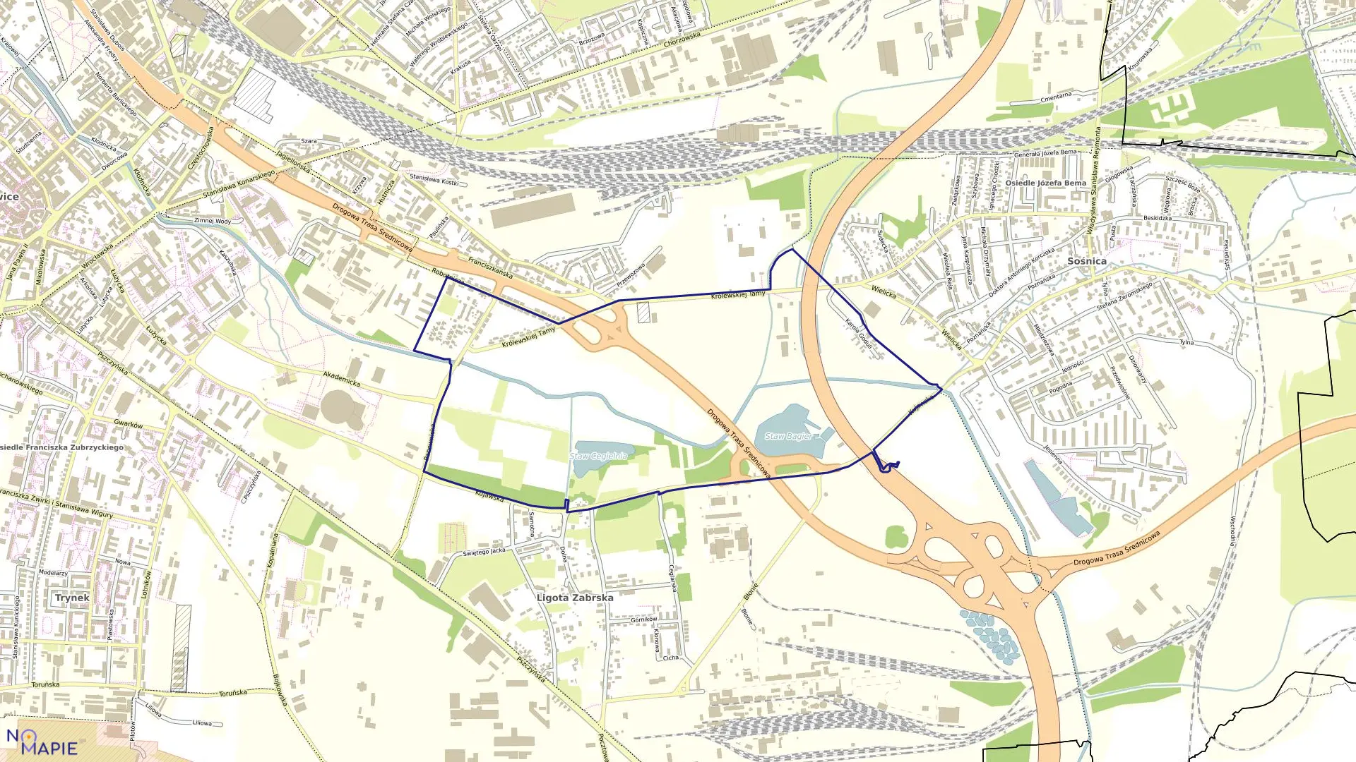 Mapa obrębu Łąki Kłodnickie w mieście Gliwice