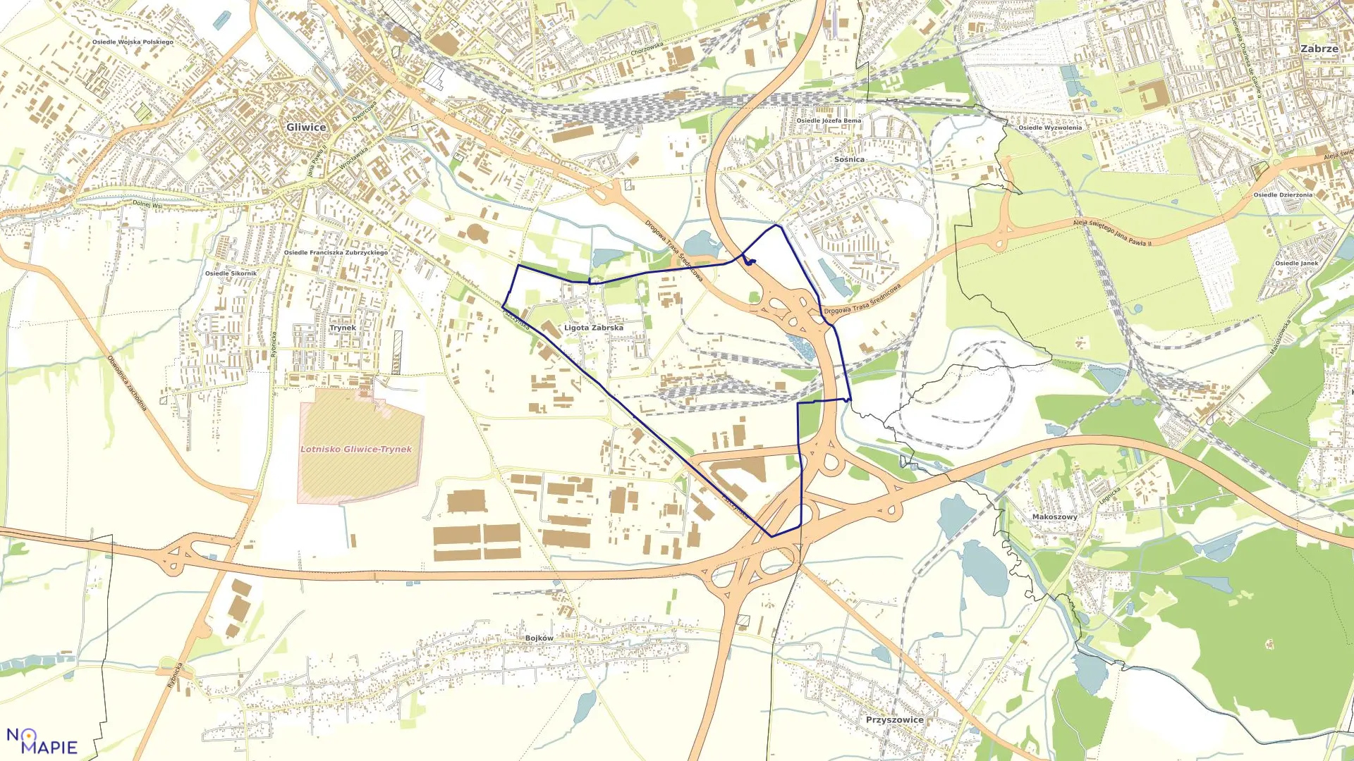 Mapa obrębu Ligota Zabrska w mieście Gliwice