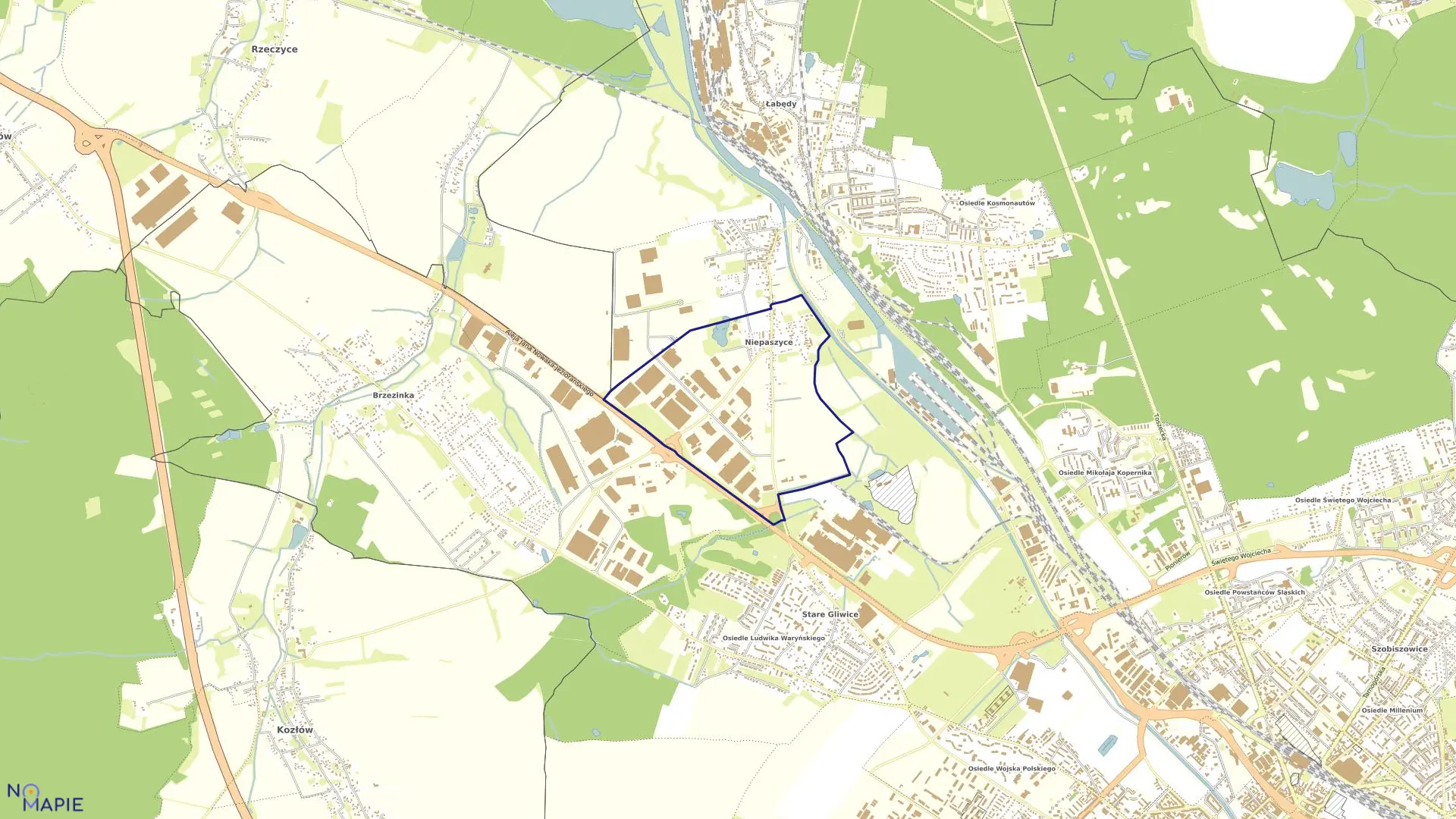 Mapa obrębu Niepaszyce Północ w mieście Gliwice