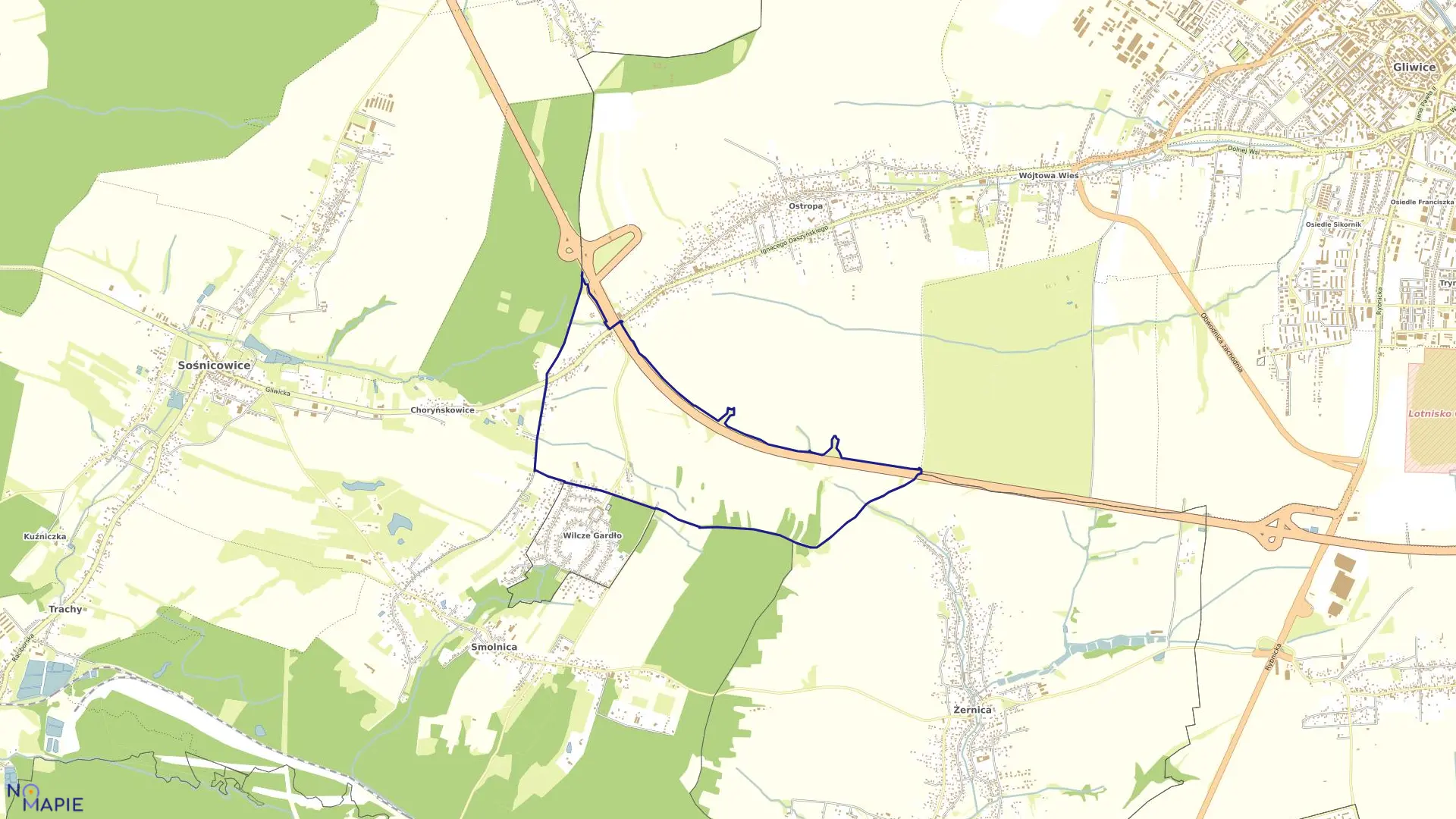 Mapa obrębu Ostropa Pola w mieście Gliwice