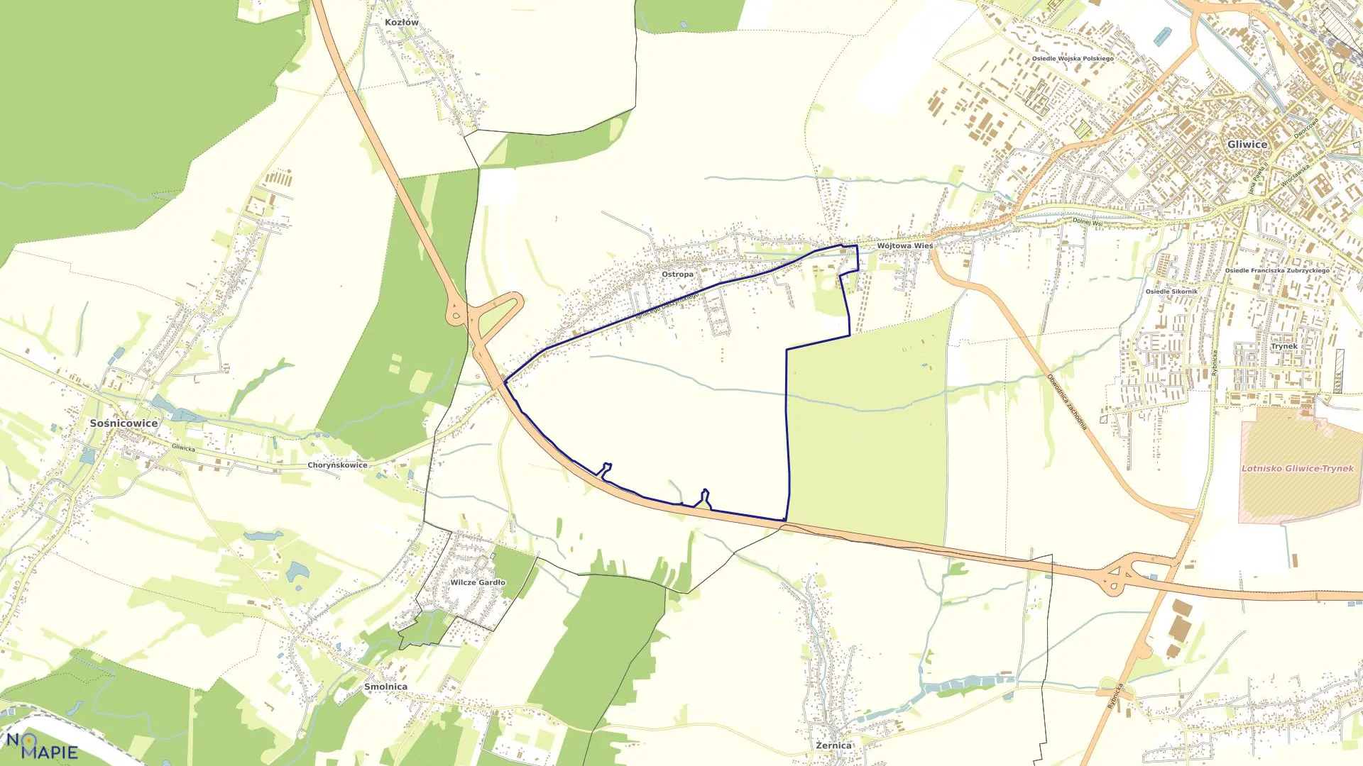 Mapa obrębu Ostropa Południe w mieście Gliwice