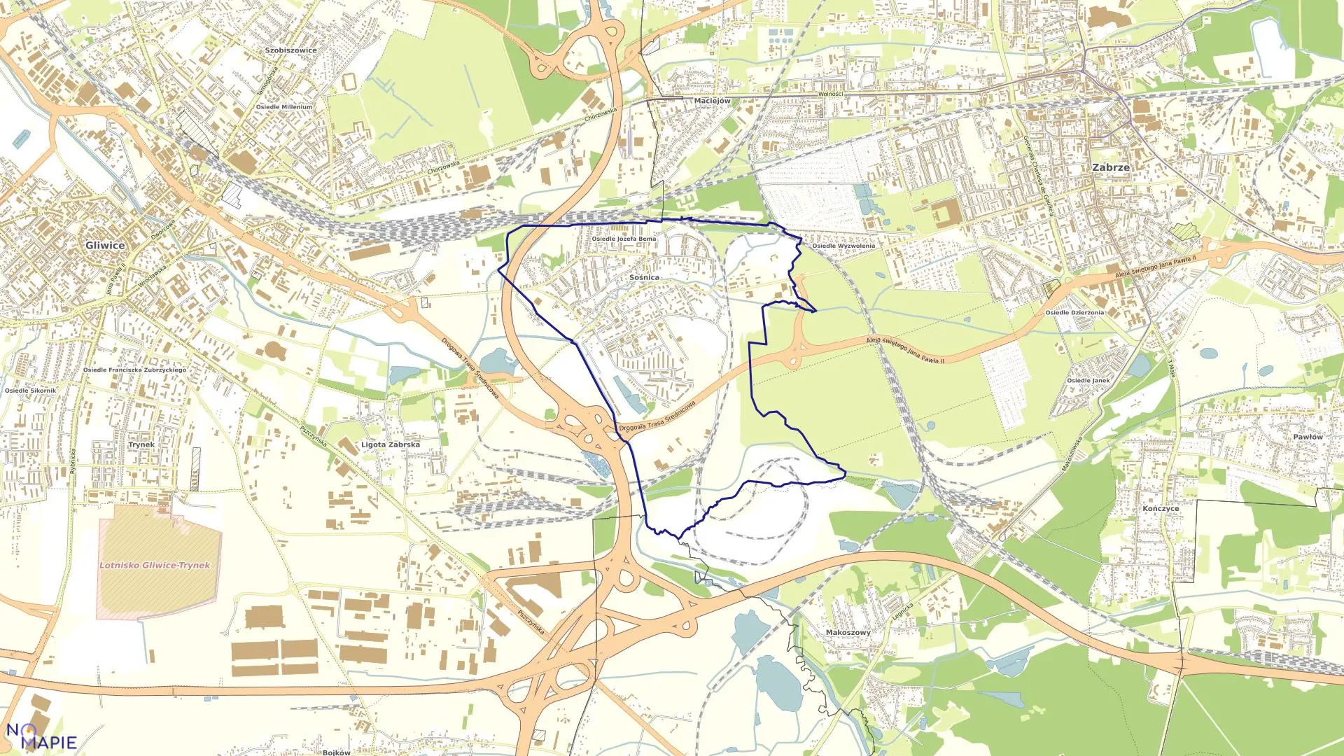 Mapa obrębu Sośnica w mieście Gliwice