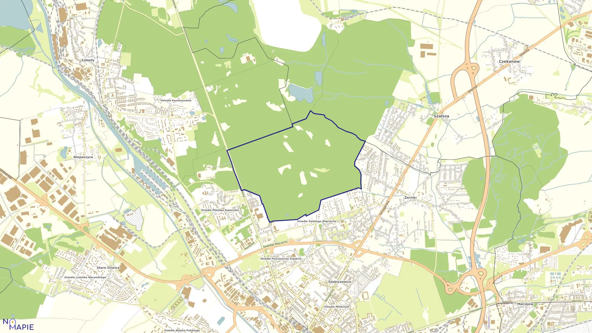 Mapa obrębu Szobiszowice Las w mieście Gliwice