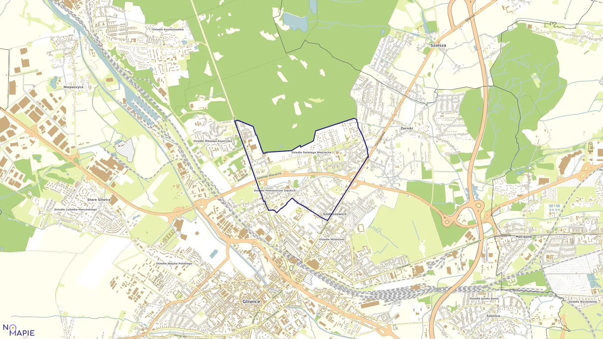 Mapa obrębu Szobiszowice w mieście Gliwice